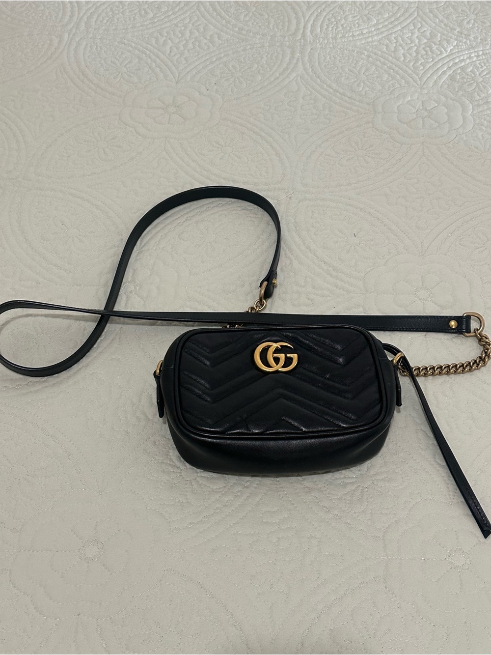 Gucci Black Quilted GG Marmont Crossbody Bag with Gold Hardware